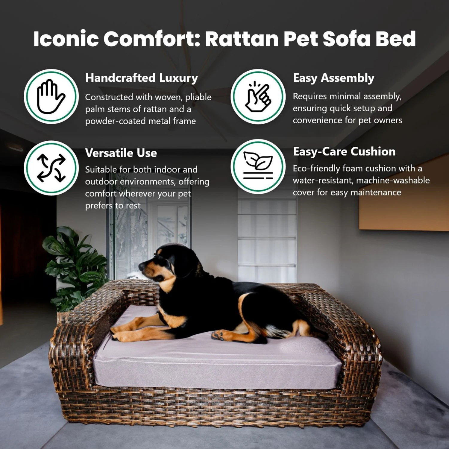 Iconic Pet Rattan Sofa Cat & Dog Bed With Removable Cover, Caramel & Mocha 5 Iconic Pet Rattan Sofa Cat & Dog Bed With Removable Cover, Caramel & Mocha - Image 5