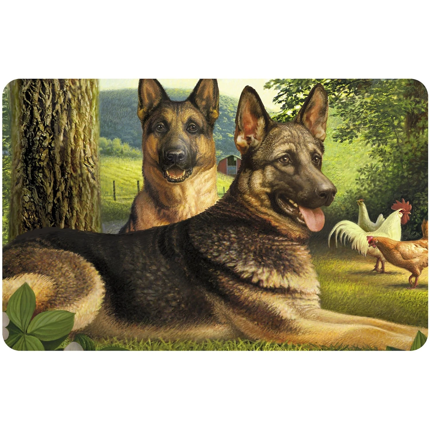 Bungalow Flooring German Shepherds & Chickens Dog Dinner Mat, 36 X 23-in 1 Bungalow Flooring German Shepherds & Chickens Dog Dinner Mat, 36 X 23-in