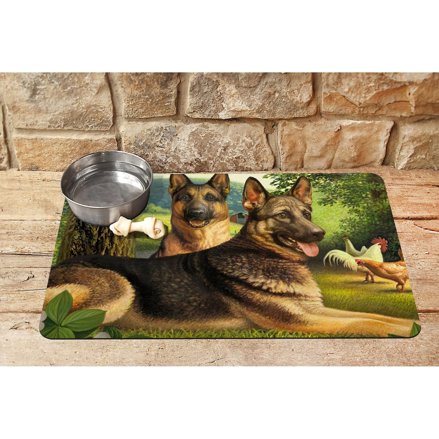 Bungalow Flooring German Shepherds & Chickens Dog Dinner Mat, 36 X 23-in 2 Bungalow Flooring German Shepherds & Chickens Dog Dinner Mat, 36 X 23-in - Image 2