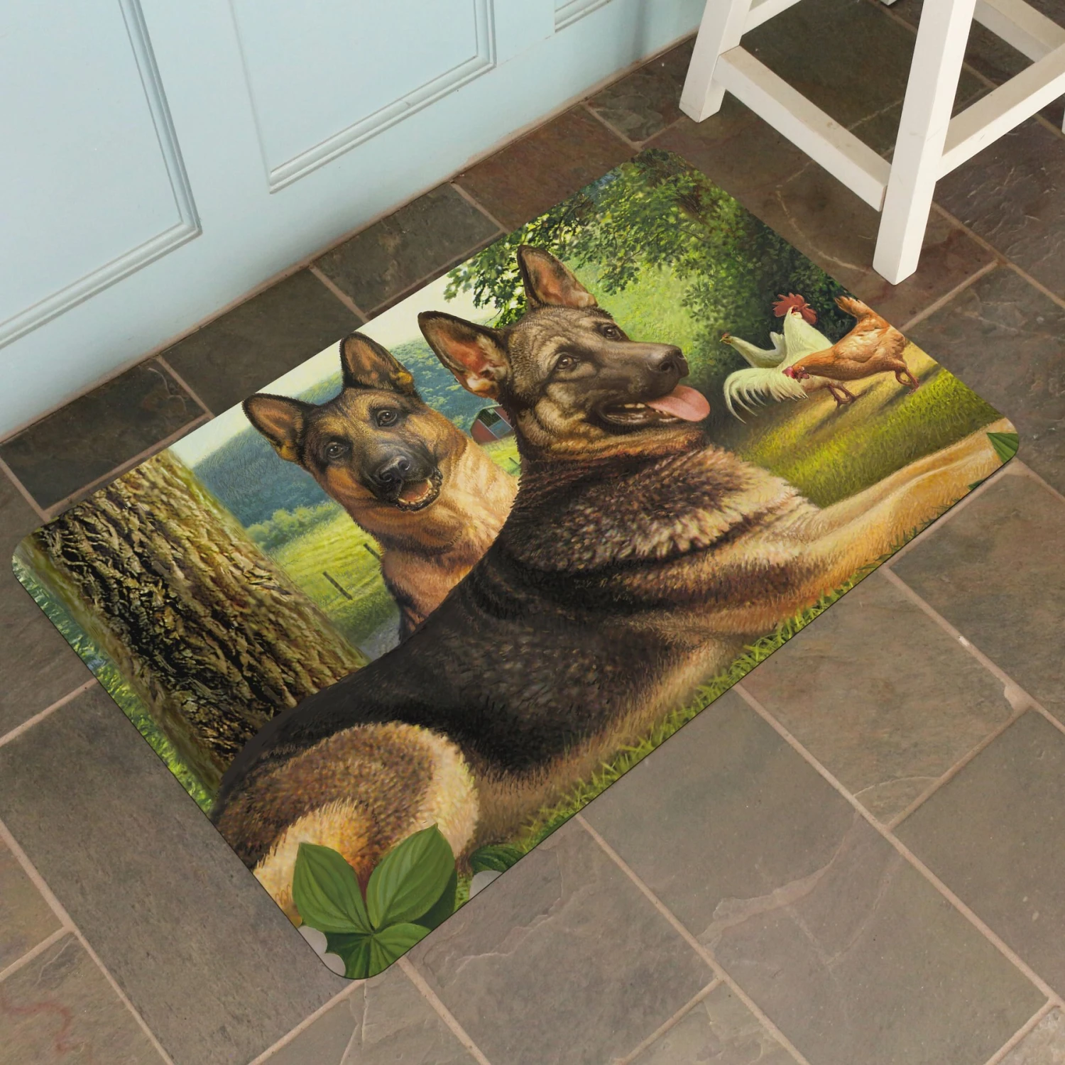 Bungalow Flooring German Shepherds & Chickens Dog Dinner Mat, 36 X 23-in 5 Bungalow Flooring German Shepherds & Chickens Dog Dinner Mat, 36 X 23-in - Image 5