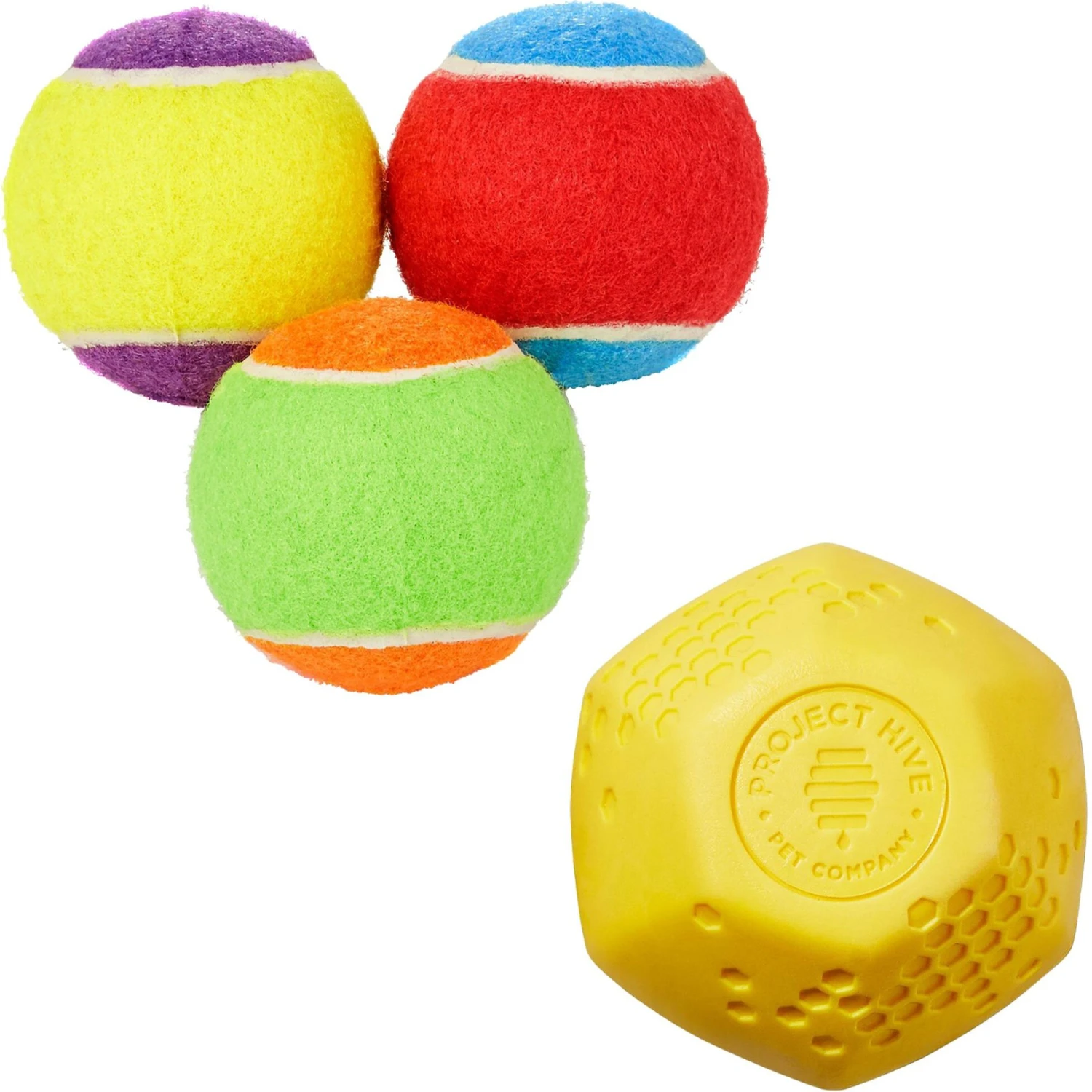 Frisco Fetch Squeaking Colorful Tennis Ball Dog Toy & Project Hive Pet Company Ball Dog Toy 1 Frisco Fetch Squeaking Colorful Tennis Ball Dog Toy & Project Hive Pet Company Ball Dog Toy