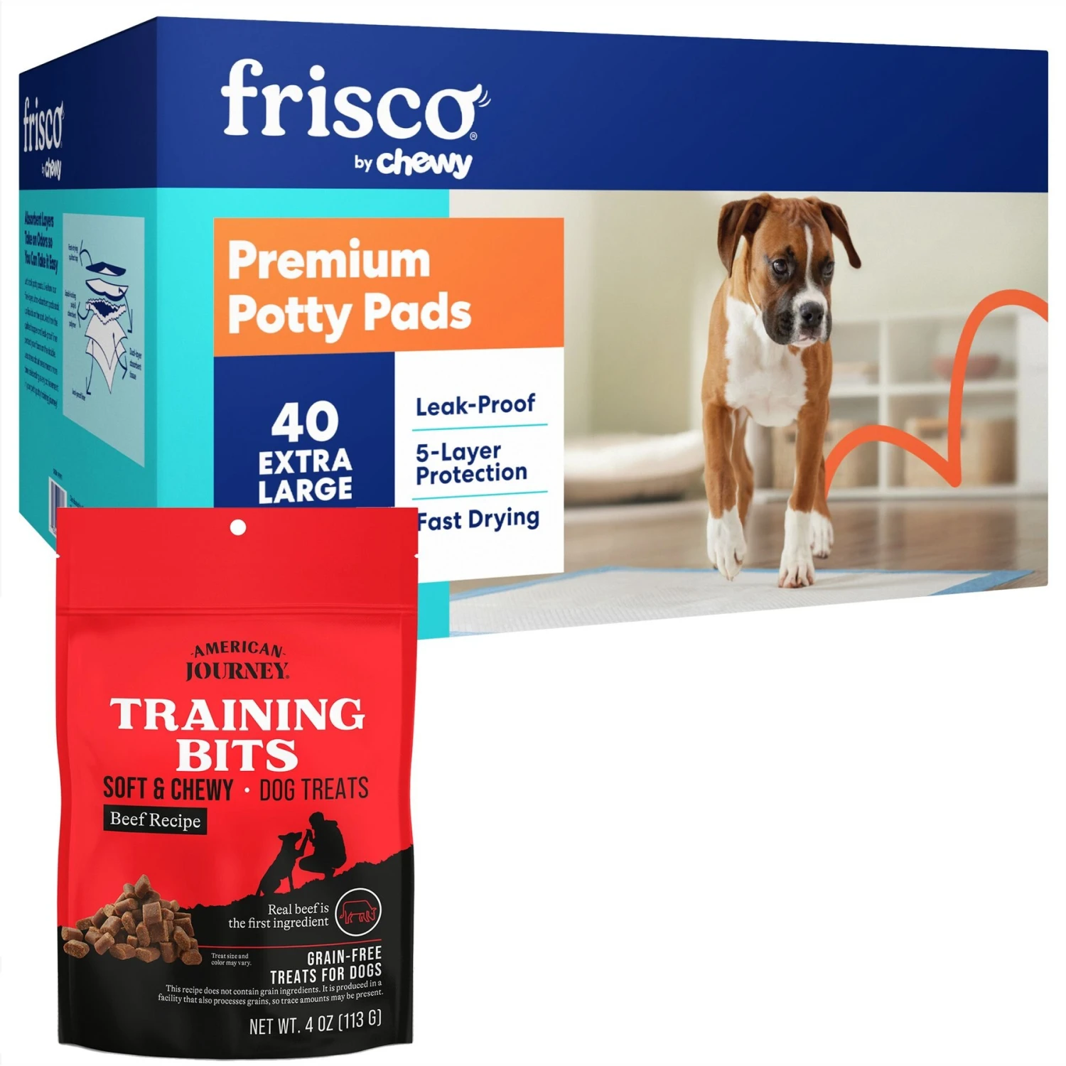 Frisco Premium Extra Large Dog Training & Potty Pads & American Journey Beef Recipe Grain-Free Soft & Chewy Training Bits Dog Treats 1 Frisco Premium Extra Large Dog Training & Potty Pads & American Journey Beef Recipe Grain-Free Soft & Chewy Training Bits Dog Treats