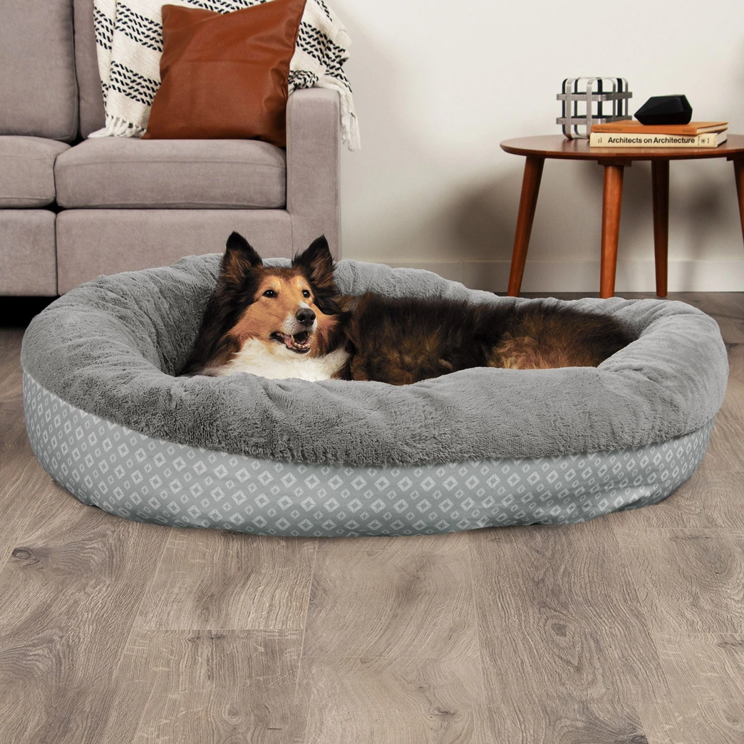 FurHaven Plush & Diamond Print Calming Donut Dog Bed 1 FurHaven Plush & Diamond Print Calming Donut Dog Bed