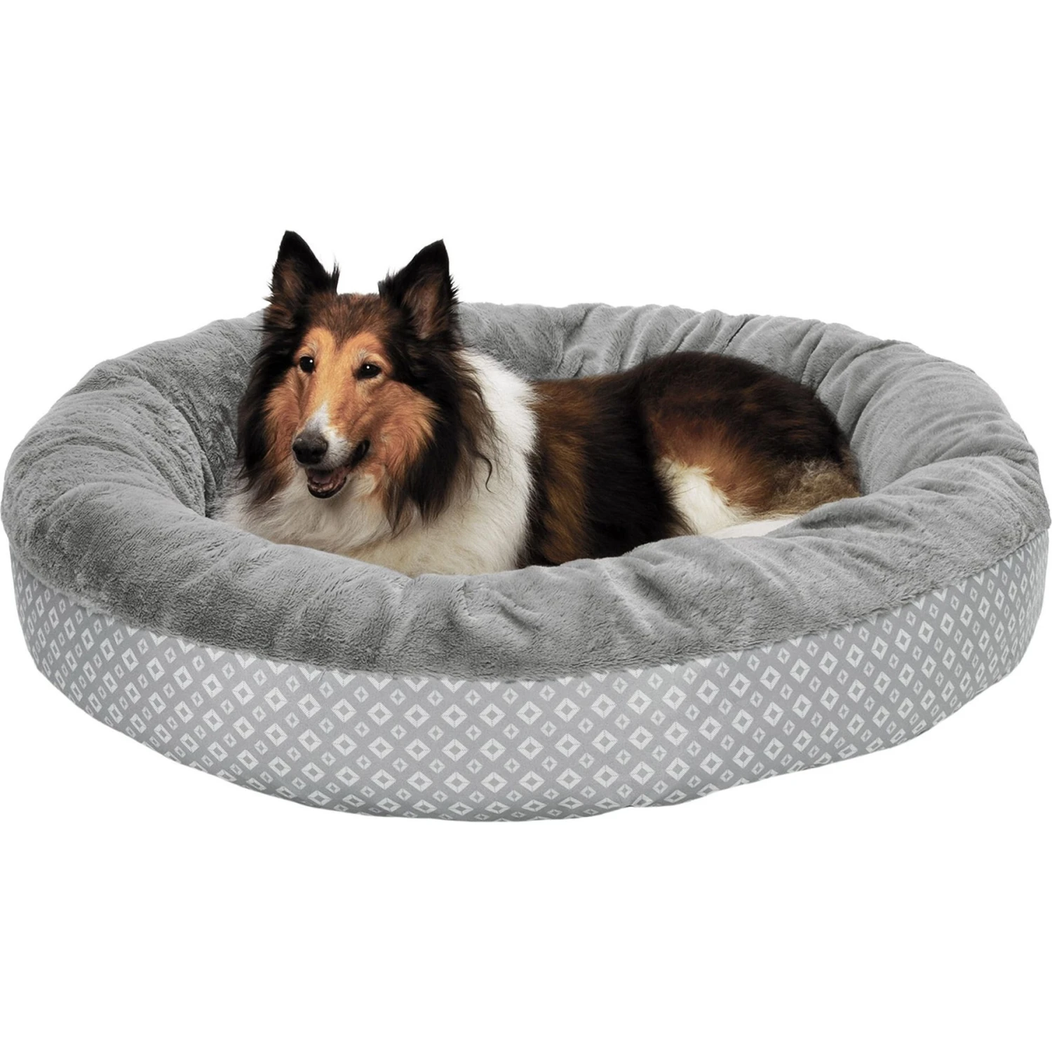 FurHaven Plush & Diamond Print Calming Donut Dog Bed 3 FurHaven Plush & Diamond Print Calming Donut Dog Bed - Image 3