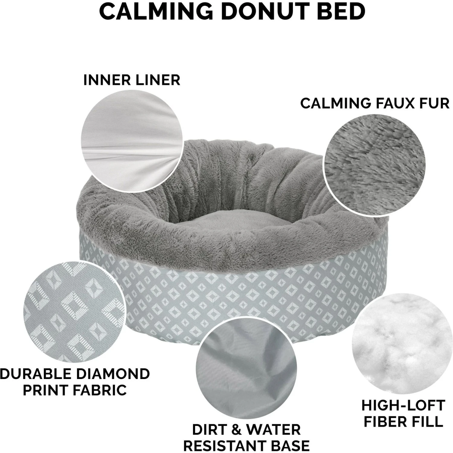 FurHaven Plush & Diamond Print Calming Donut Dog Bed 5 FurHaven Plush & Diamond Print Calming Donut Dog Bed - Image 5