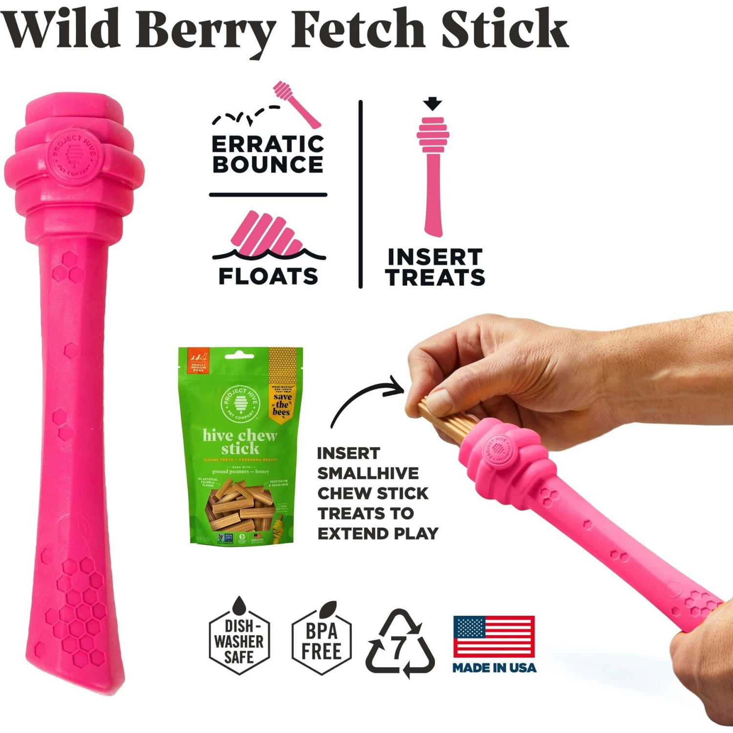 Project Hive Pet Company Hive Wild Berry Scented Fetch Stick Dog Toy, Pink 2 Project Hive Pet Company Hive Wild Berry Scented Fetch Stick Dog Toy, Pink - Image 2