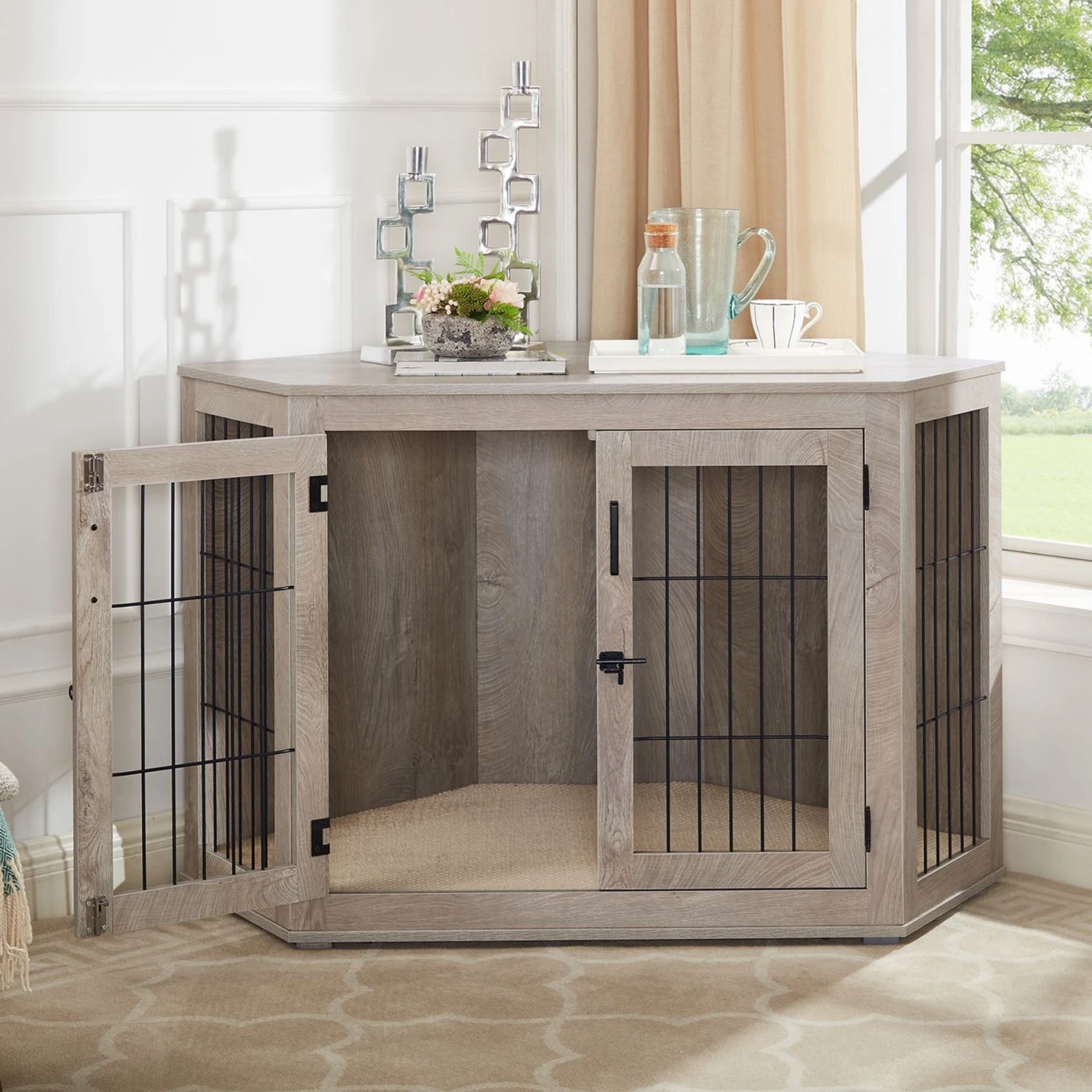 Unipaws Furniture Corner Dog Crate With Cushion, Weathered Grey 1 Unipaws Furniture Corner Dog Crate With Cushion, Weathered Grey