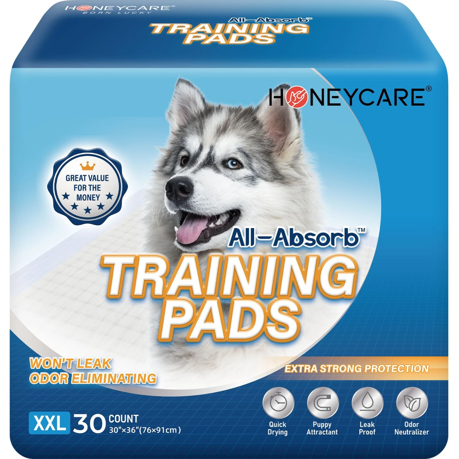 Honey Care All-Absorb Ultra Absorbent & Odor Eliminating Dog & Puppy Training Pads, 30-in X 36-in, 30 Count 1 Honey Care All-Absorb Ultra Absorbent & Odor Eliminating Dog & Puppy Training Pads, 30-in X 36-in, 30 Count
